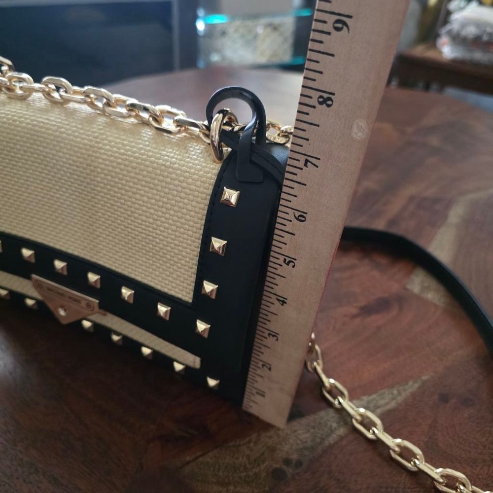 Michael Kors Studded Straw & Leather Crossbody Bag Tan/Black One Size - Picture 15 of 15